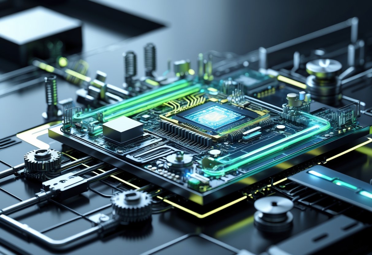 Close-up view of a microchip with tiny mechanical gears and electronic circuits intertwined, highlighting the complexity of micro mechanics in electronics and nanotechnology.