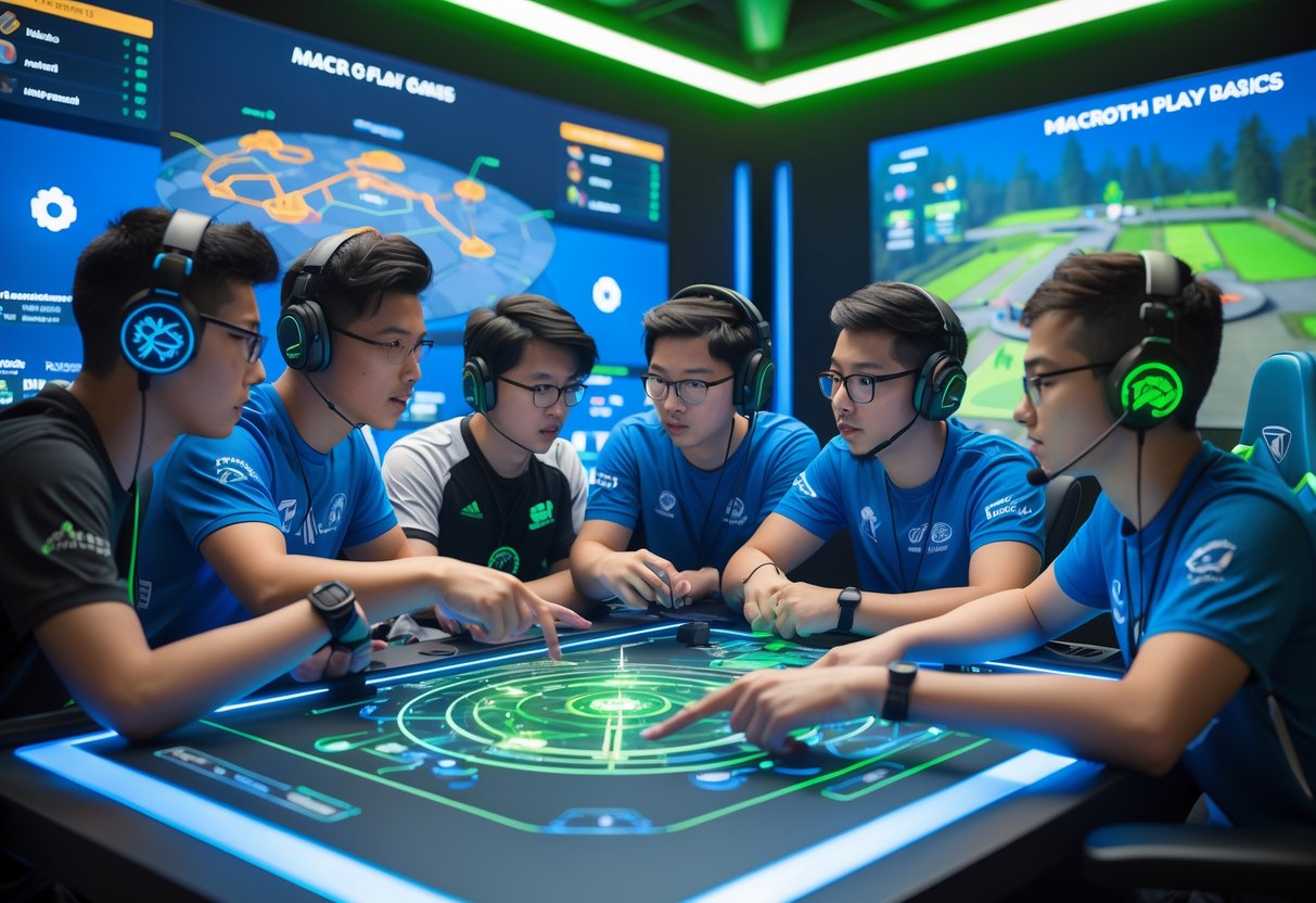 Five teammates gathered around a digital table with a holographic game map, discussing strategy in a gaming room.