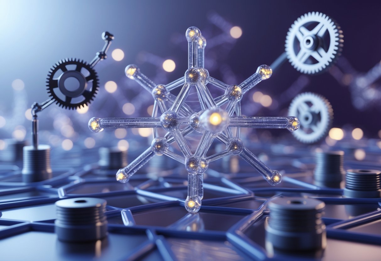 Close-up 3D view of an atomic lattice with glowing atoms connected by bonds, integrated with tiny mechanical parts like gears and springs.