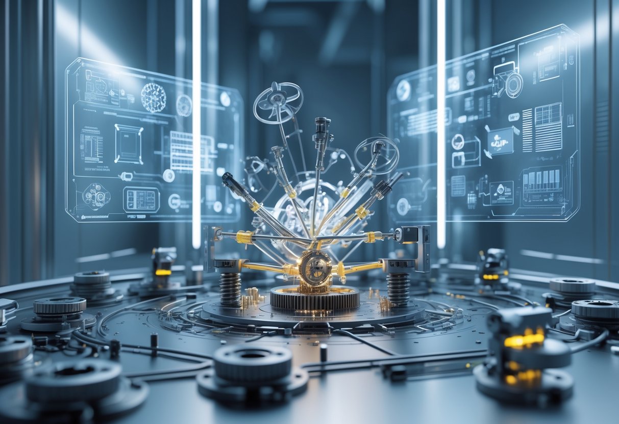 A 3D scene showing tiny mechanical parts like gears and robotic arms working together, surrounded by holograms representing healthcare, electronics, automotive, and manufacturing industries.