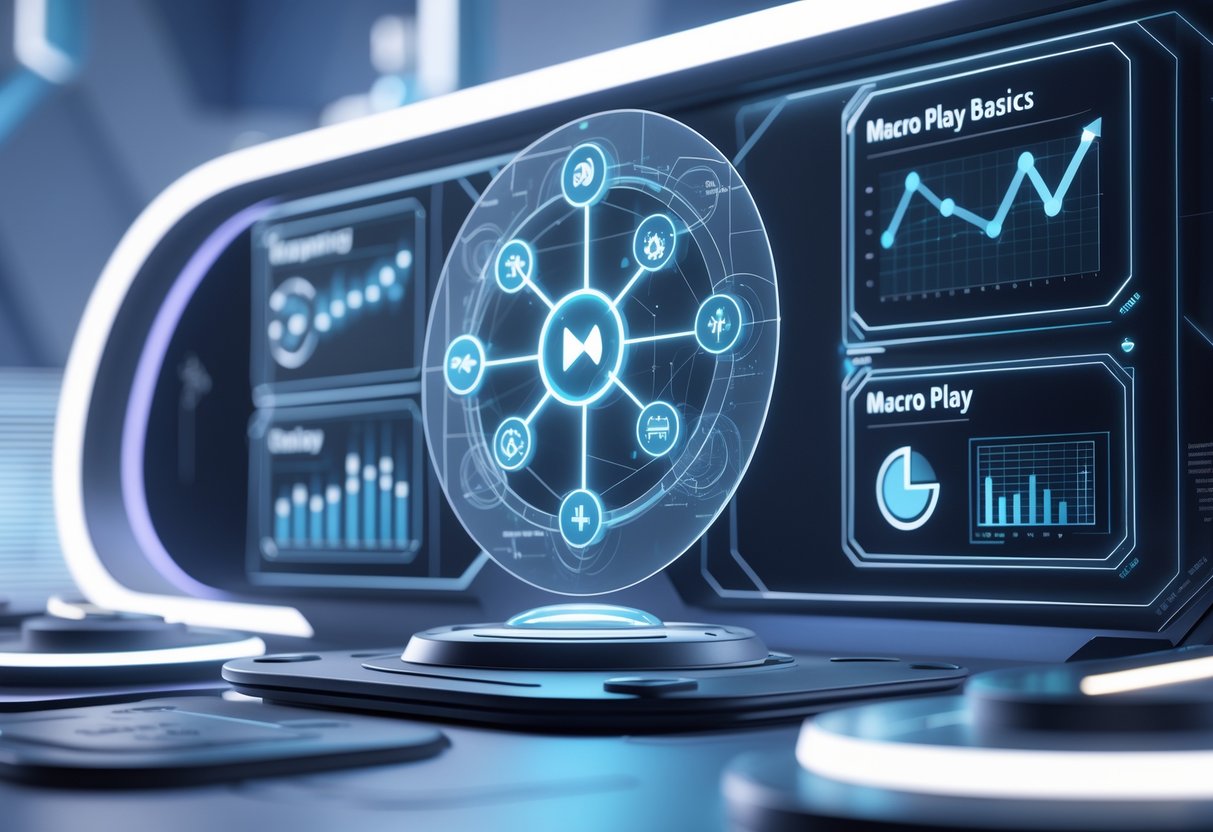 A 3D scene showing a futuristic digital dashboard with floating holograms and icons representing strategic gameplay concepts and team coordination.