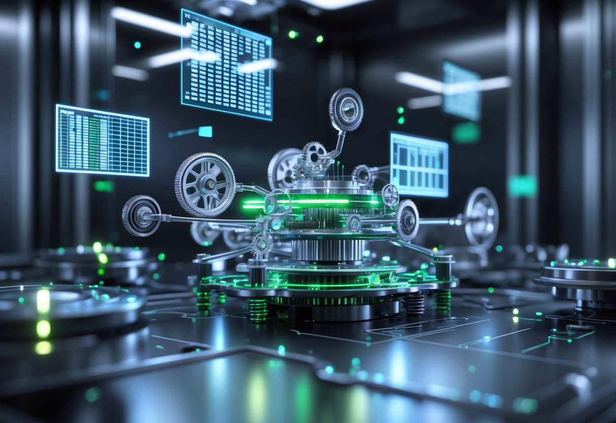 A close-up view of tiny interconnected mechanical parts with glowing lights and holographic data panels in a futuristic laboratory setting.
