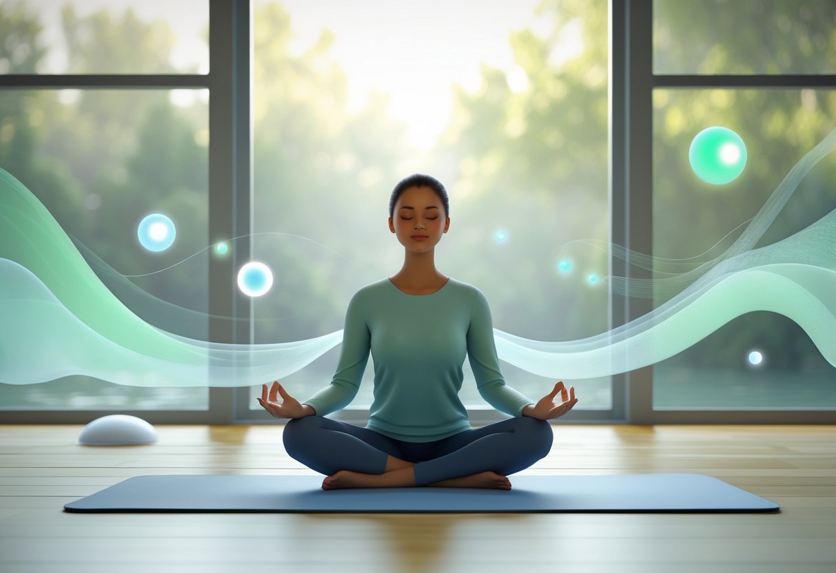 A person meditating indoors on a yoga mat surrounded by soft glowing lights, with a peaceful natural landscape visible through large windows.