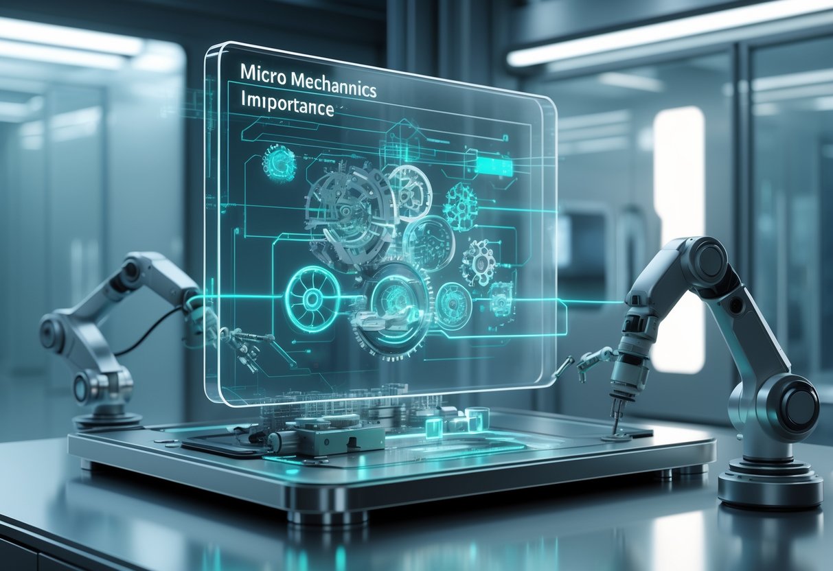 A 3D scene showing a holographic display of interconnected mechanical gears and microchips with robotic arms working on them in a high-tech laboratory.