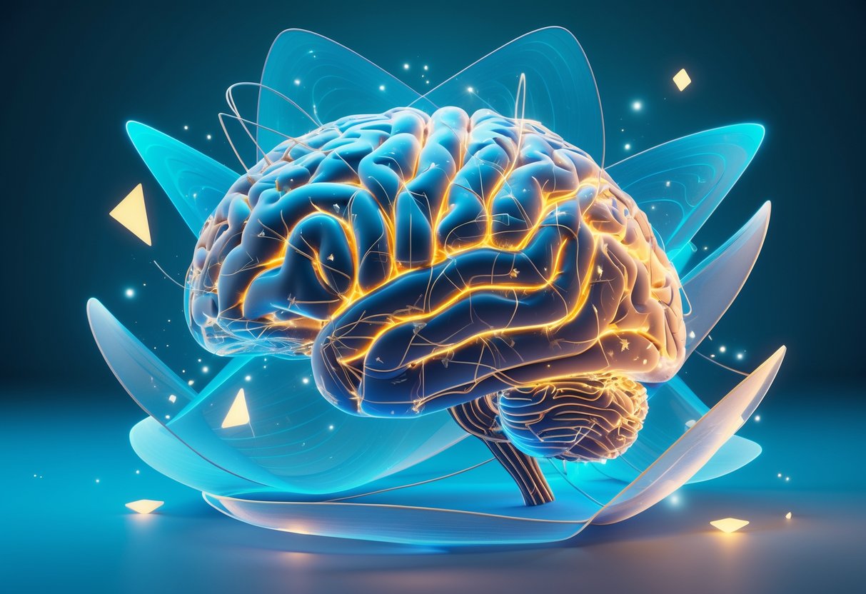 A glowing 3D human brain with interconnected neural networks surrounded by protective energy layers and floating light particles.
