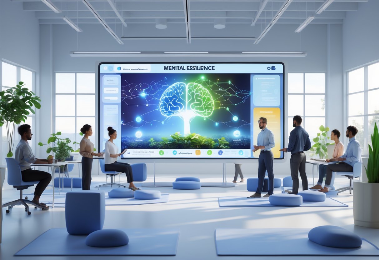 A group of people participating in mental resilience training activities in a bright, spacious room with digital displays and natural light.