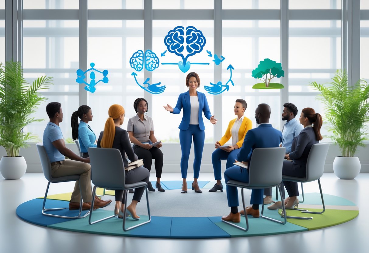 A group of diverse professionals participating in a mental resilience training session led by a coach in a bright room.