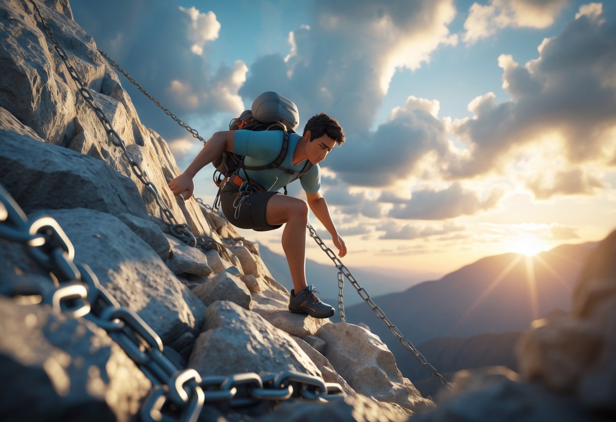 A person climbing a steep rocky mountain trail at sunrise, overcoming obstacles and moving towards a bright sky.