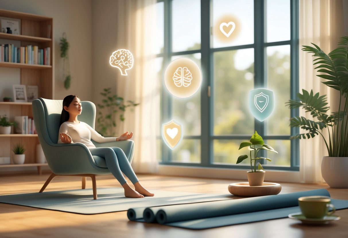 A person meditating calmly in a bright living room surrounded by symbols of mental strength and everyday objects like books, plants, and a cup of tea.