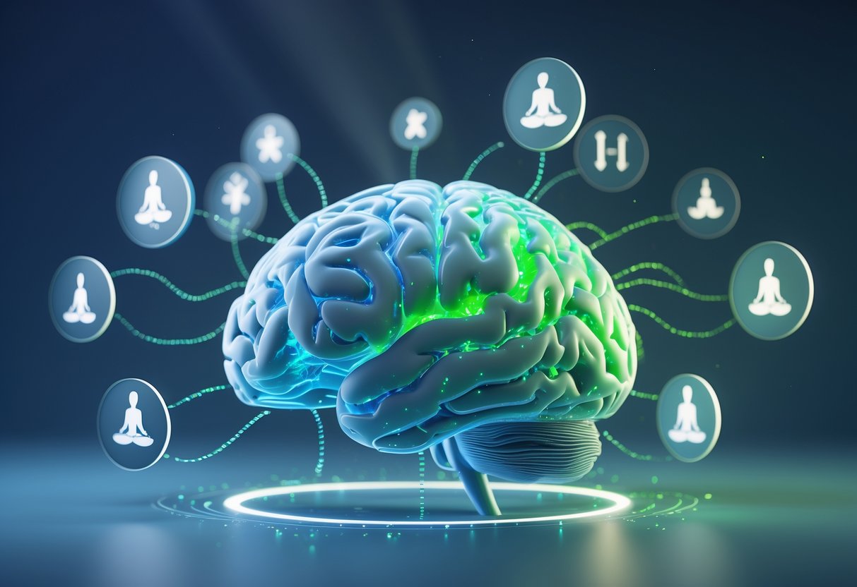 A 3D image of a glowing human brain with interconnected neural pathways and floating icons representing strength and balance against a calm blue and green background.