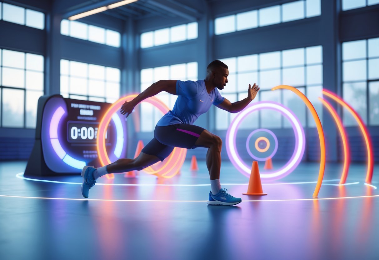 An athlete reacting quickly to glowing targets in a sports training facility designed for reaction time exercises.