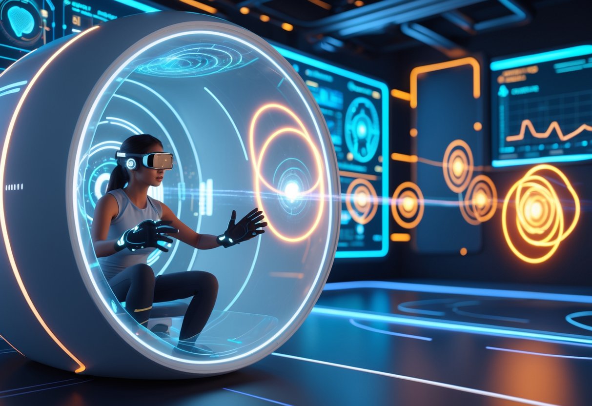 A person inside a futuristic training pod interacting with glowing targets, surrounded by holographic brain activity and digital screens in a high-tech lab.