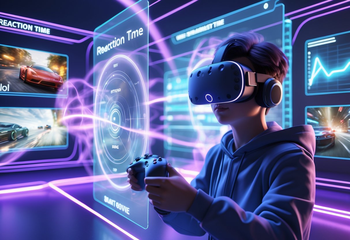 A person wearing a VR headset and holding controllers, surrounded by holographic screens showing fast video game actions and reaction time graphs.
