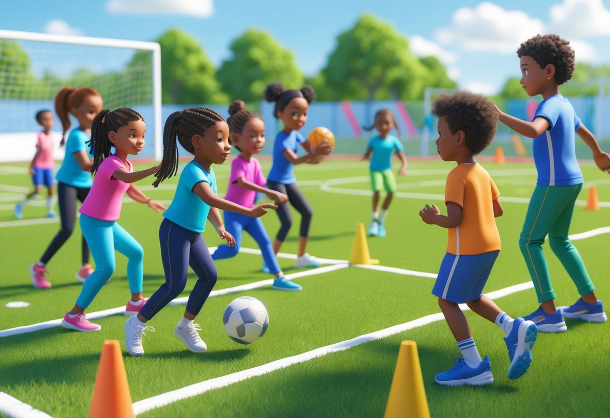 Children playing a team sport outdoors with a coach guiding them on positioning and strategy.