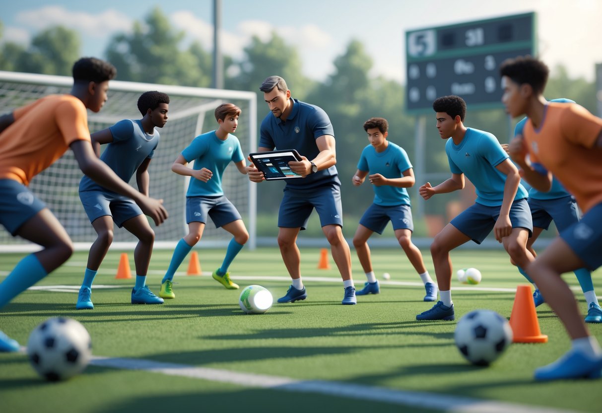A coach instructing young athletes on a sports field, showing them how to improve game awareness and teamwork during training.