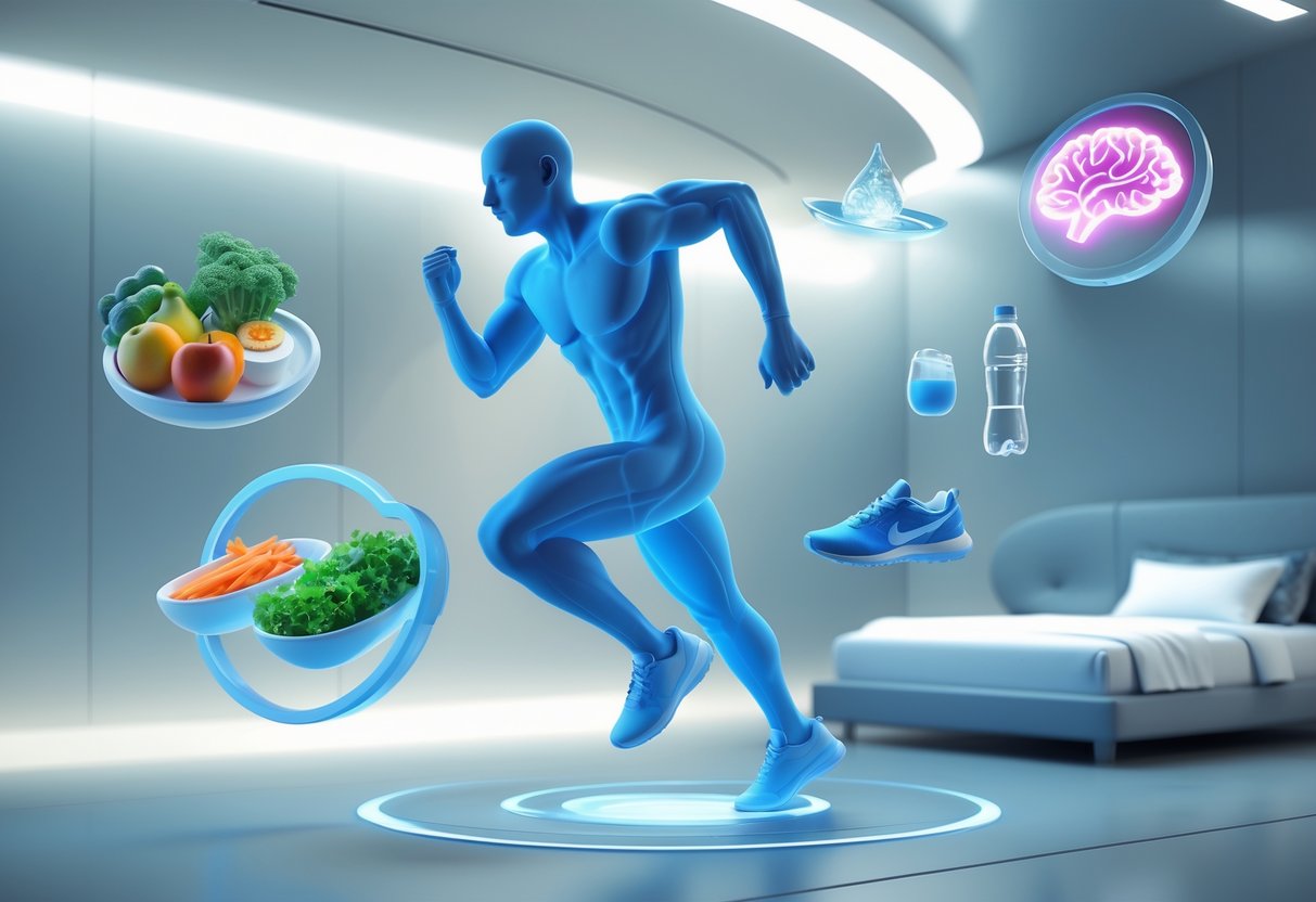 A person in motion surrounded by icons representing healthy eating, hydration, exercise, sleep, and mental focus to show factors affecting reaction time.