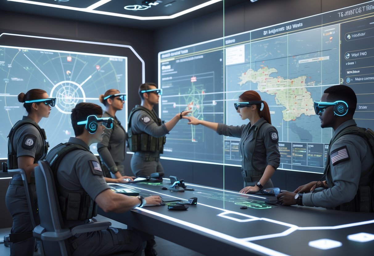 A group of people in a high-tech training room using holographic screens and digital maps to practice tactical decision-making.