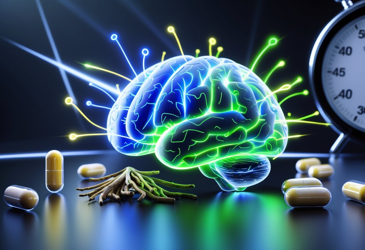 A glowing human brain with neural pathways lighting up quickly, surrounded by floating supplements like capsules and natural ingredients, with a blurred stopwatch in the background indicating fast reaction time.