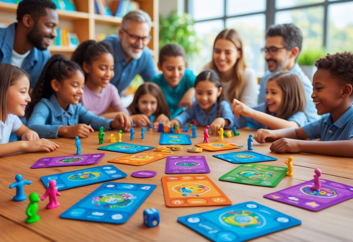 A group of children and adults playing with colourful activity cards and game pieces on a table in a bright room.