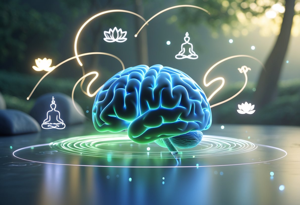 A glowing human brain surrounded by symbols of mindfulness and calm nature, with light trails representing improved reaction time.