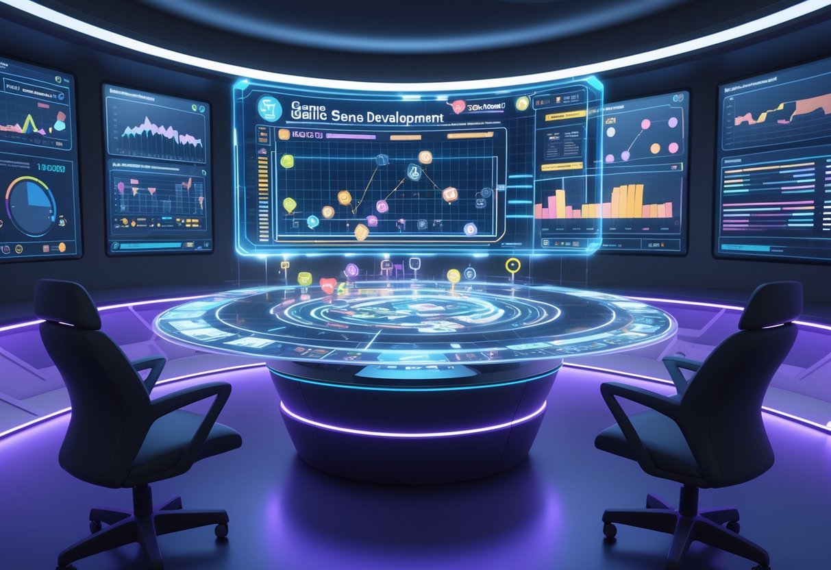 A futuristic control room with a holographic game map and digital screens showing game strategy and progress data.