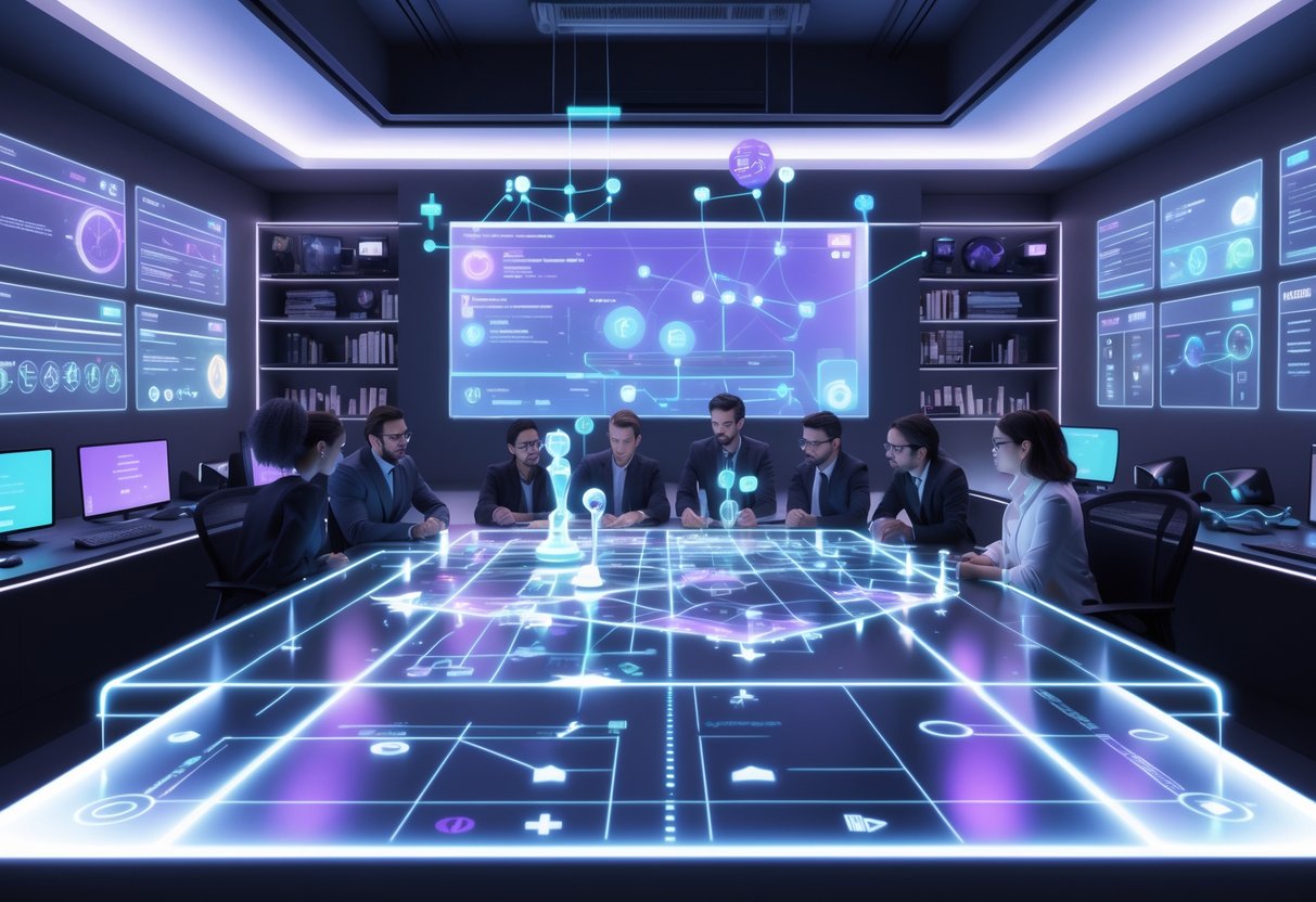 A group of people working together around a digital table displaying a 3D game map with holographic screens showing game strategies and player data in a modern office.
