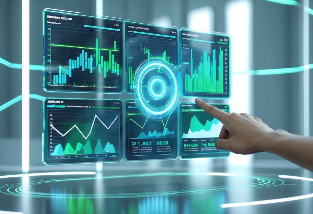 A hand interacting with a futuristic digital dashboard showing progress charts and indicators related to reaction time improvement.