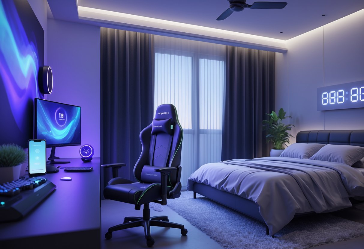 A gaming bedroom with a neat bed, gaming setup with dual monitors, ergonomic chair, digital clock showing early time, blackout curtains, and a bedside table with a plant and smart alarm clock.