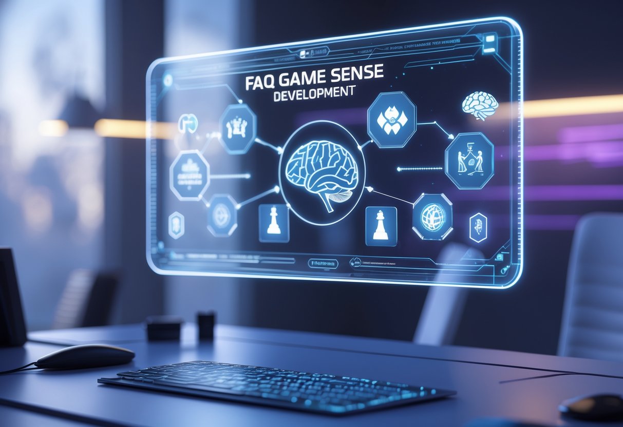 A 3D scene showing a holographic display with icons and maps related to game strategy and decision-making above a desk in a modern room.