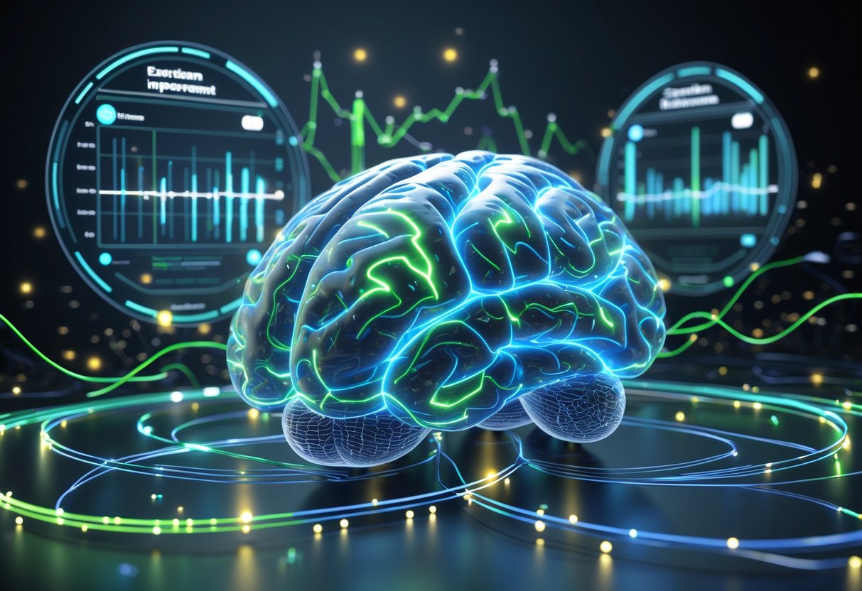A 3D rendering of a glowing human brain with active neural pathways and digital data streams in a dark, high-tech environment.