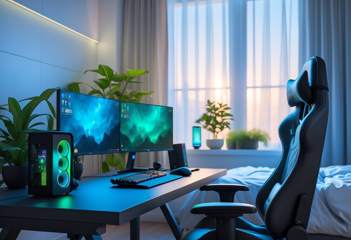 A bedroom with a gaming desk near a window letting in natural light, showing a gaming setup and a bed in the background.