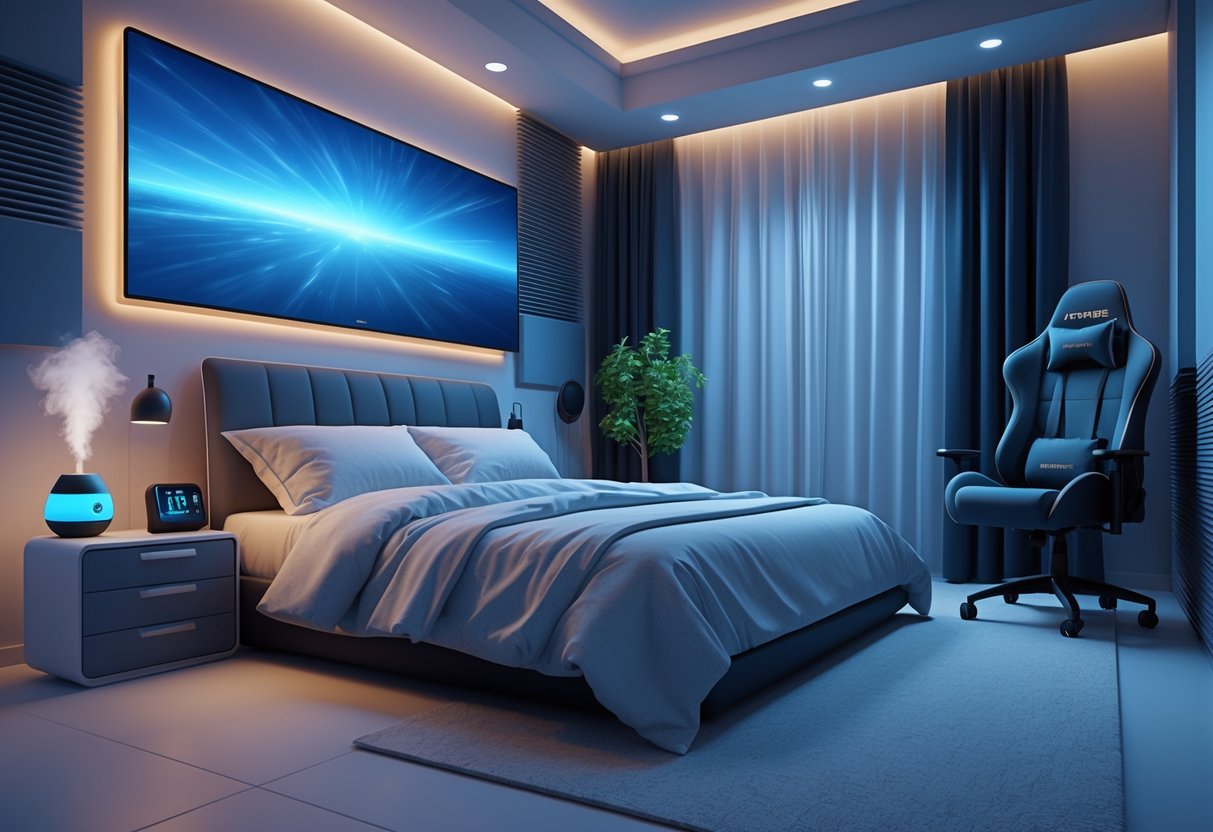 A tidy gaming bedroom with a large curved monitor, ergonomic chair, neatly made bed, soft warm lighting, a diffuser on the bedside table, soundproofing panels, blackout curtains, and a small plant.