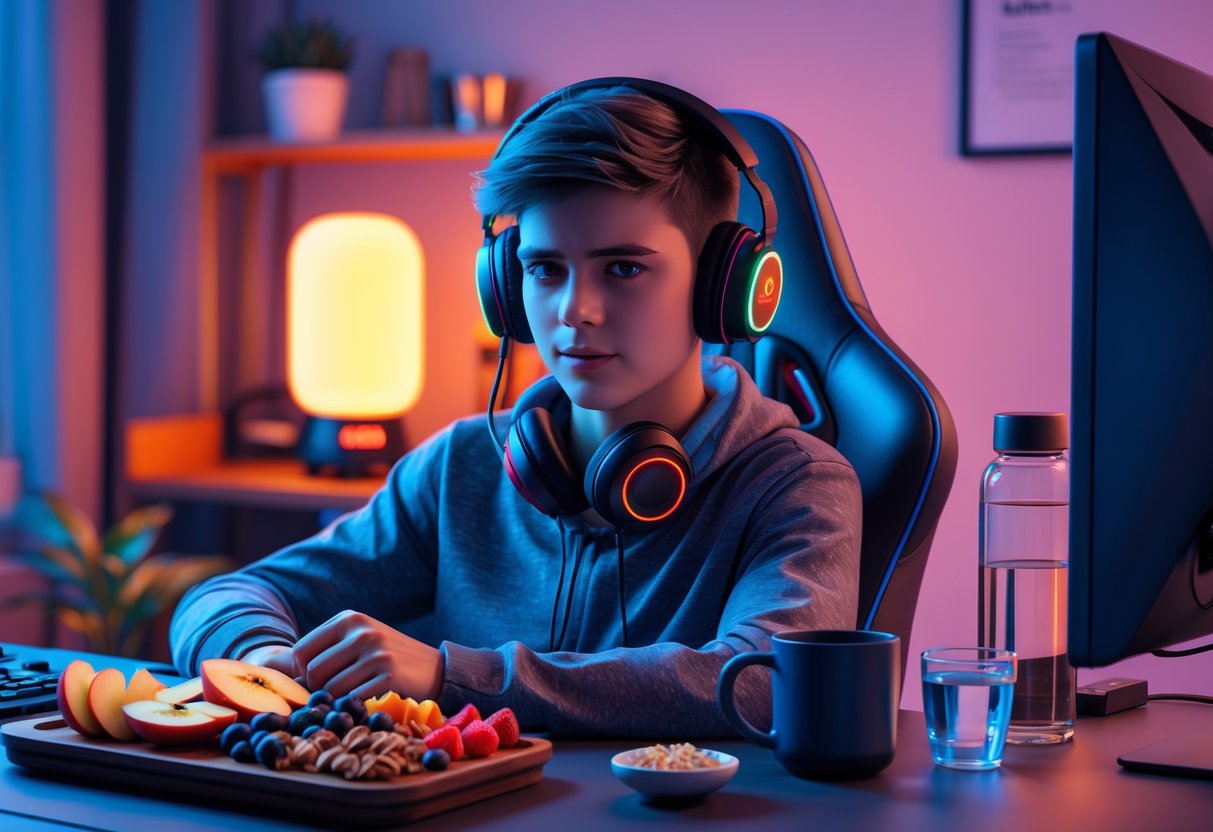 A young gamer sitting at a desk with a gaming PC, surrounded by healthy snacks, a water bottle, and a cup of coffee, in a room with warm lighting and a small plant.