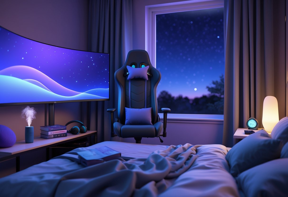 A peaceful bedroom with a gaming setup, a comfortable bed, soft lighting, and items like a diffuser and books that suggest relaxation and restful sleep.