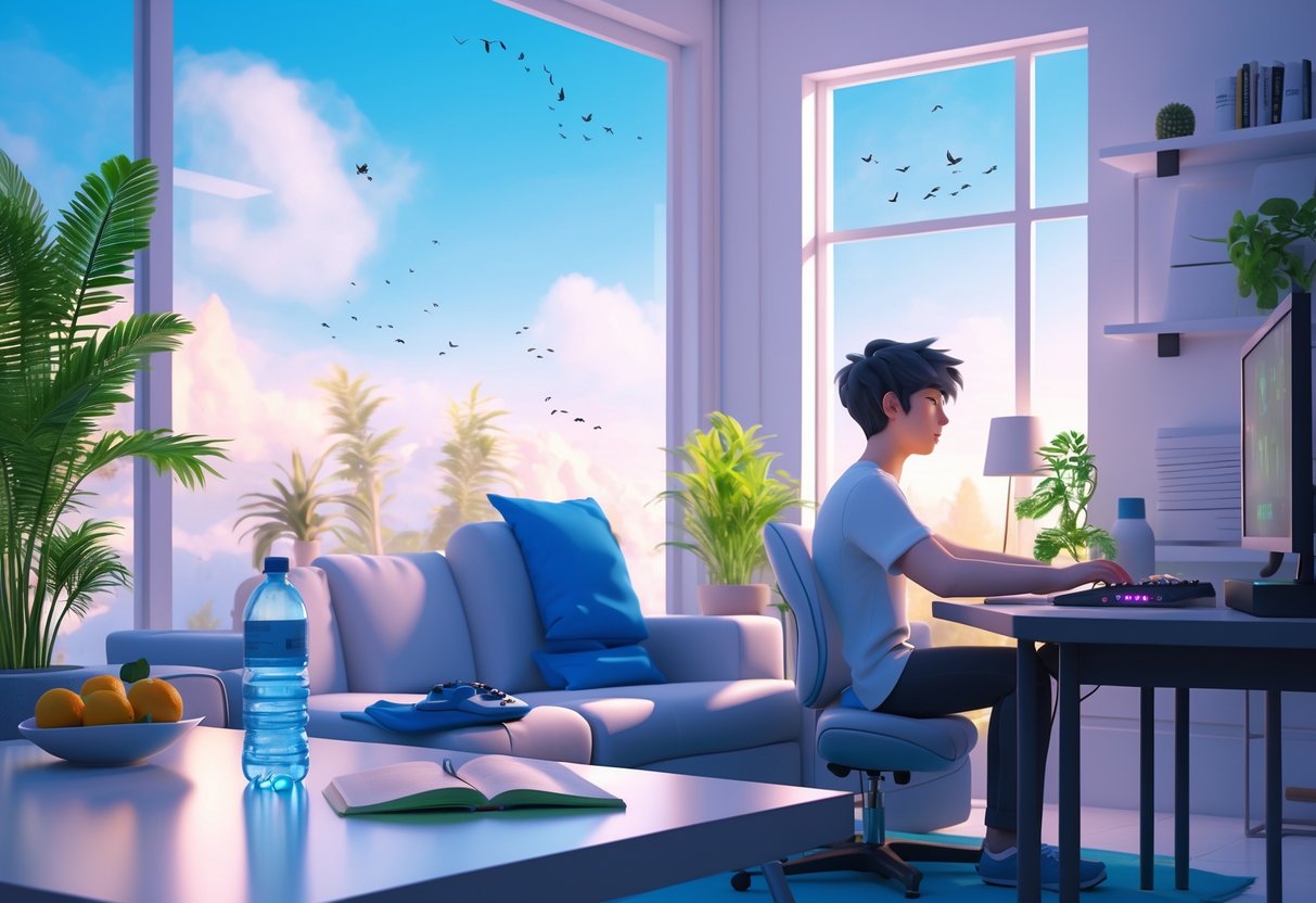 A young gamer in a bright living room taking a break from gaming, surrounded by plants, natural light, and healthy items like water and fruit.