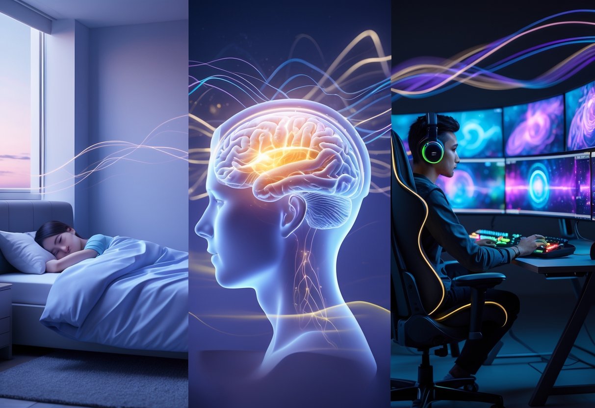 A 3D scene showing a person sleeping in a bedroom, a glowing brain symbolising mental health, and a gamer playing at a computer, all connected by flowing light trails.