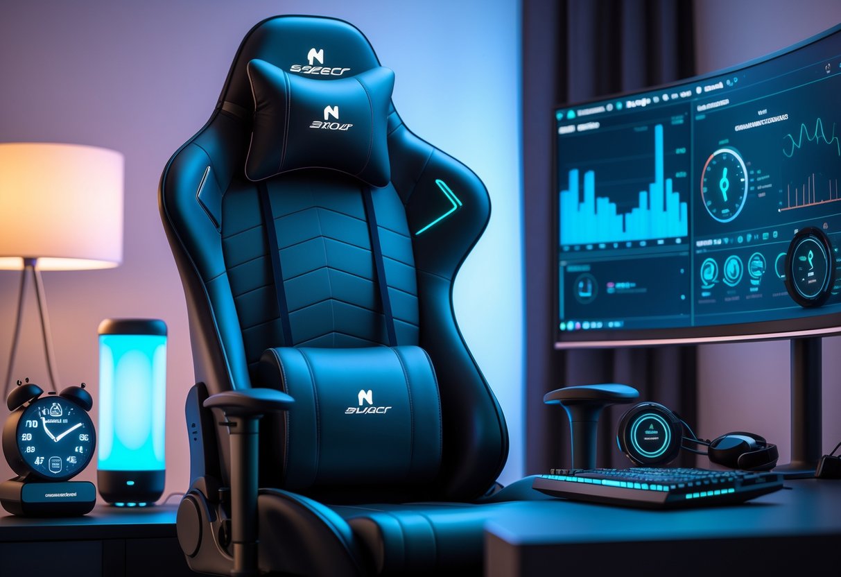 A 3D scene showing a gaming chair with sleep support features, a smart alarm clock, a blue light lamp, wearable trackers, and a gaming PC with ambient lighting.