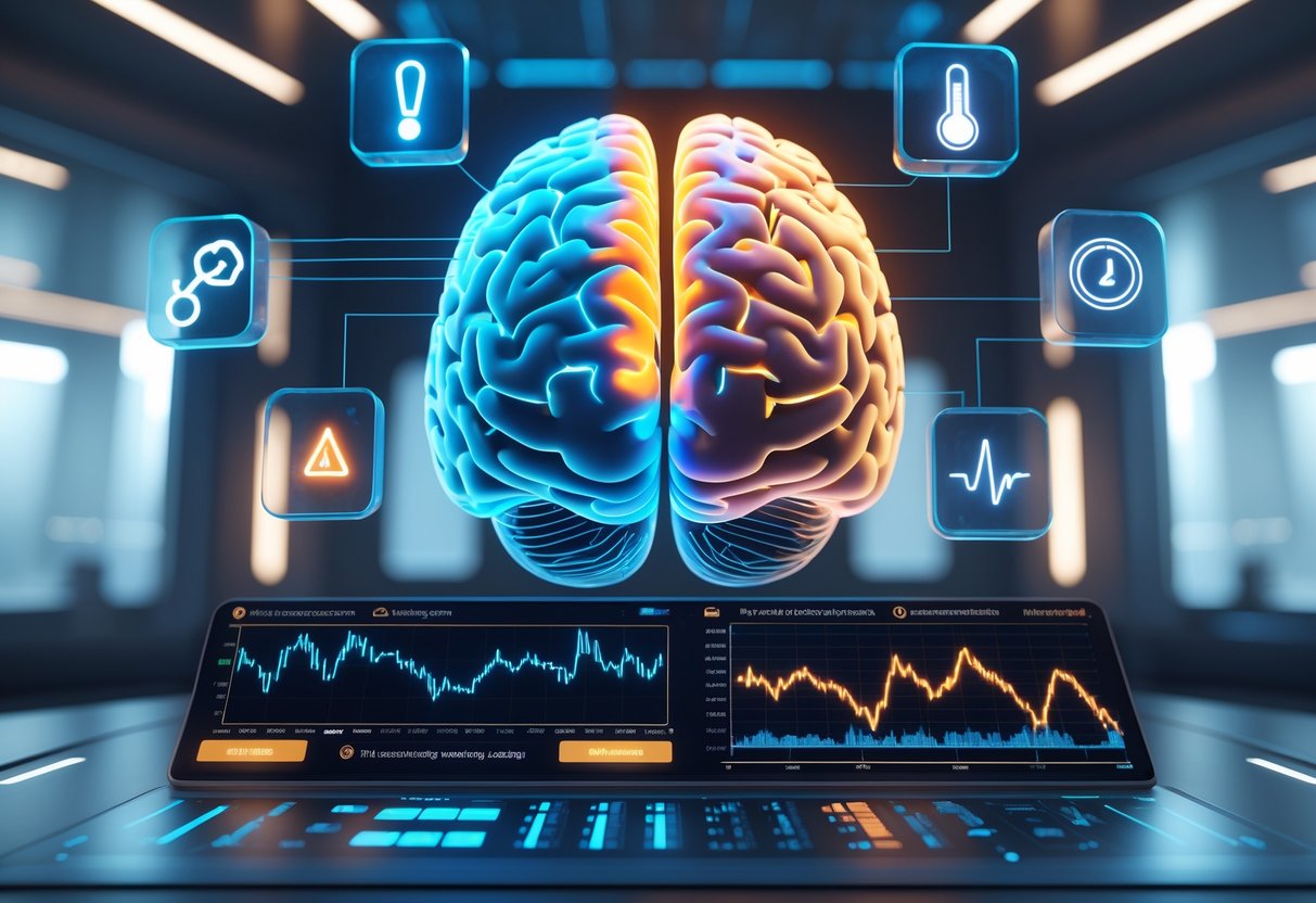 A 3D scene showing a human brain with colourful neural activity and floating icons representing triggers, above a dashboard with graphs, set in a futuristic control room.