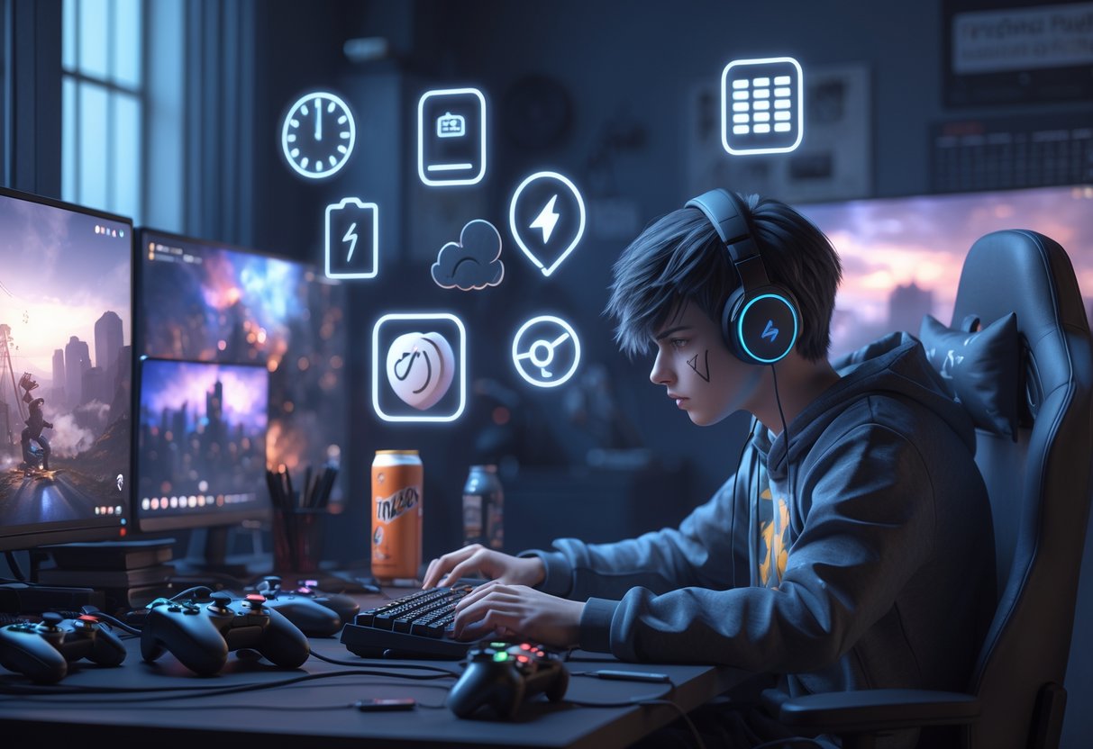A tired gamer sitting at a cluttered desk with multiple screens, surrounded by icons representing causes of burnout like a clock, low battery, notifications, and energy drinks.