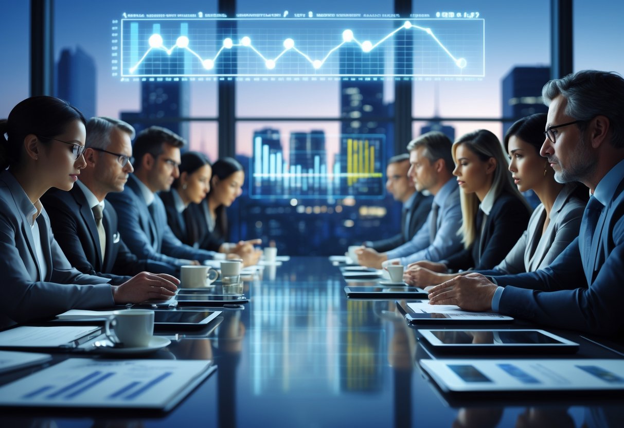 A group of professionals in a boardroom focused on a table with holographic charts, working together under pressure.