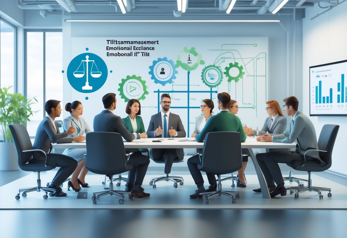 A 3D scene showing a diverse team working together around a table in a bright office, with some members calm and others appearing frustrated, symbolising managing emotions in a team.