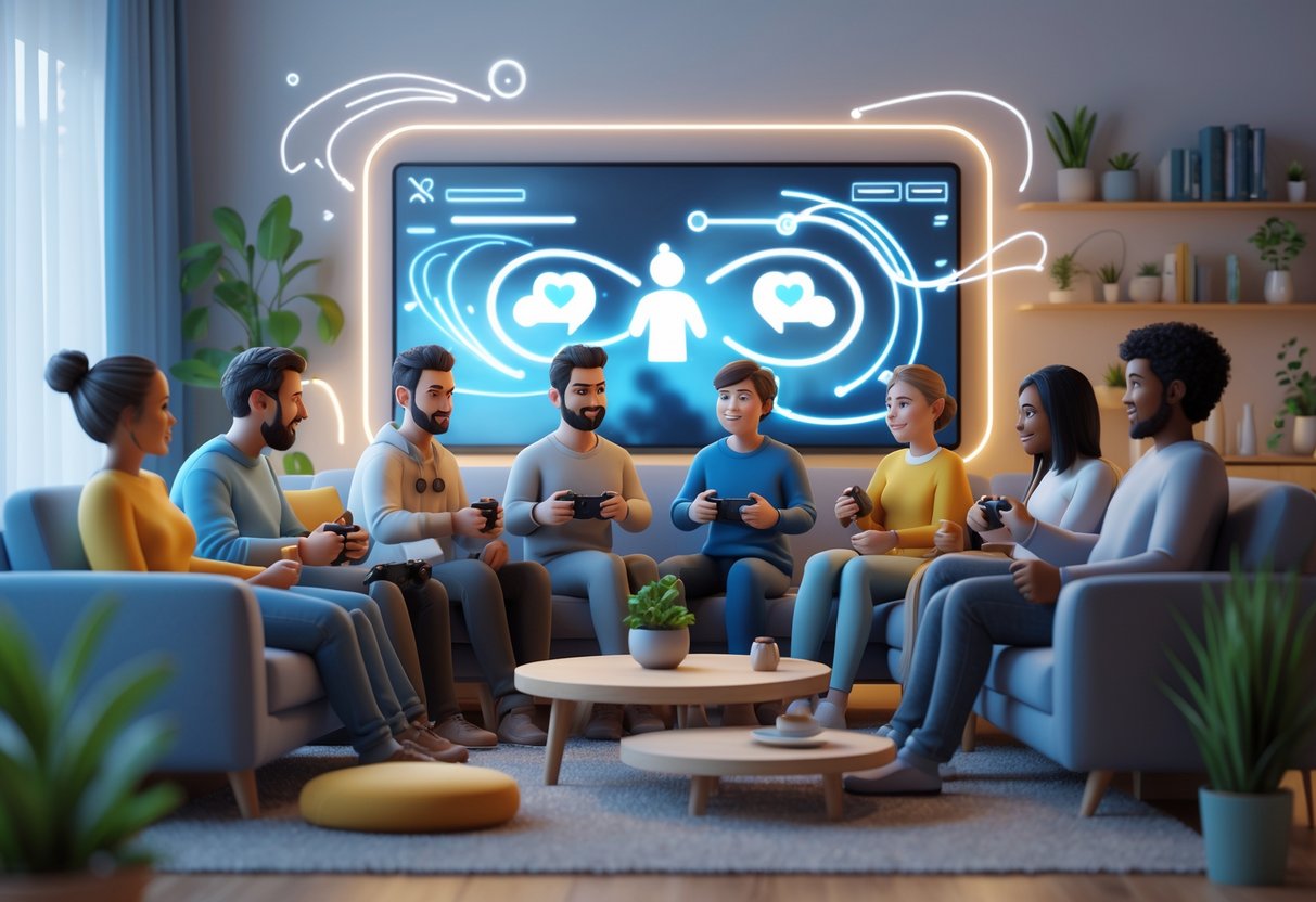 A group of people playing video games together in a cosy living room, showing support and relaxation.
