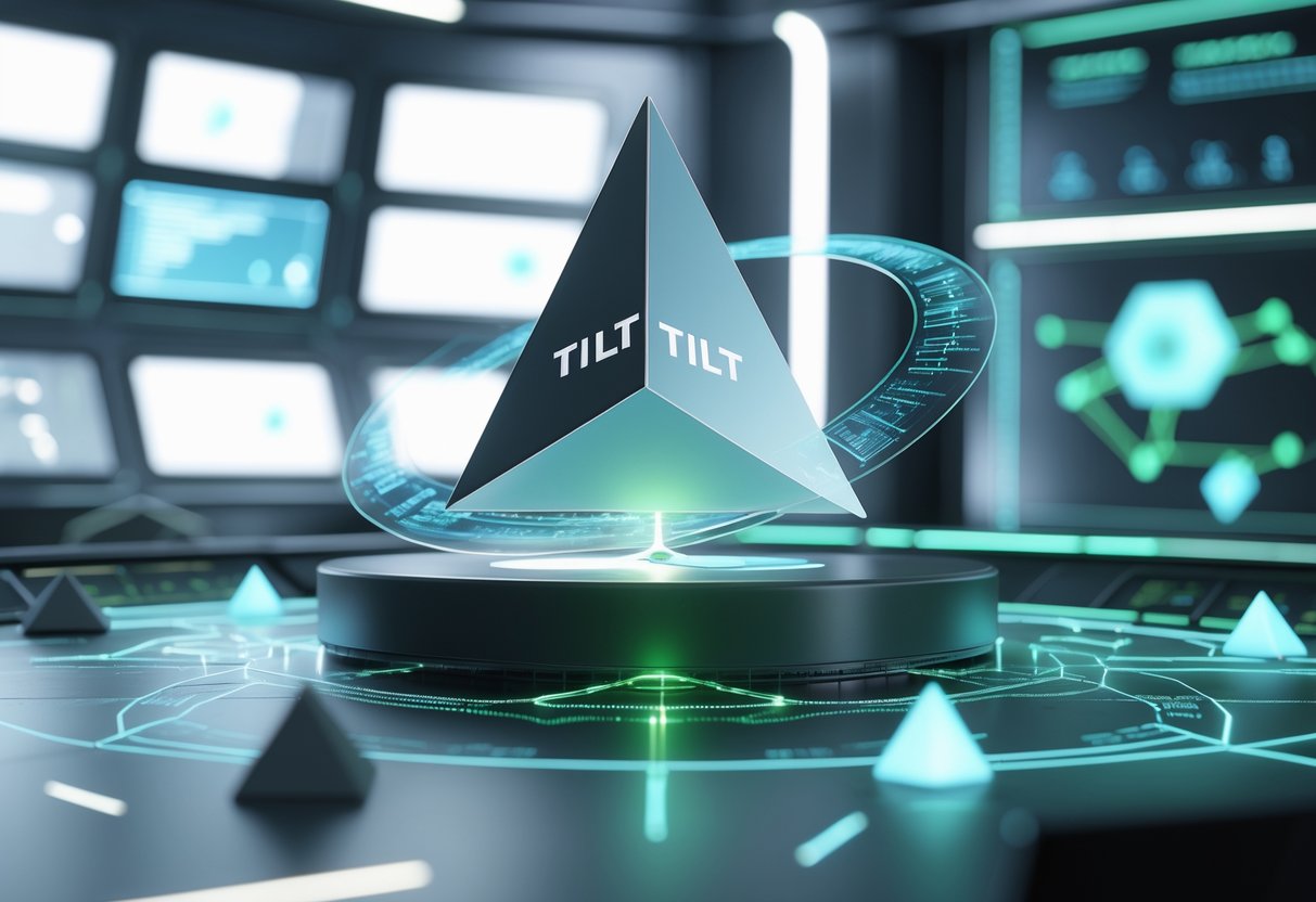 A 3D scene showing a rotating triangular prism balanced on a pivot with glowing interconnected nodes around it, set in a futuristic control room.