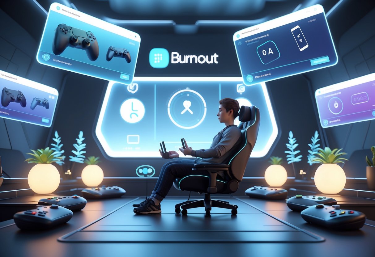 A person sitting calmly in a high-tech room with floating screens showing different gaming devices and symbols of relaxation and balance.