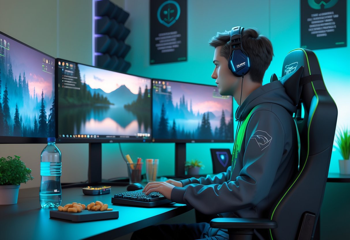 A gamer sitting in a comfortable chair in a tidy gaming room, taking a break with calming nature scenes on the monitors and items like water, snacks, and a plant nearby.