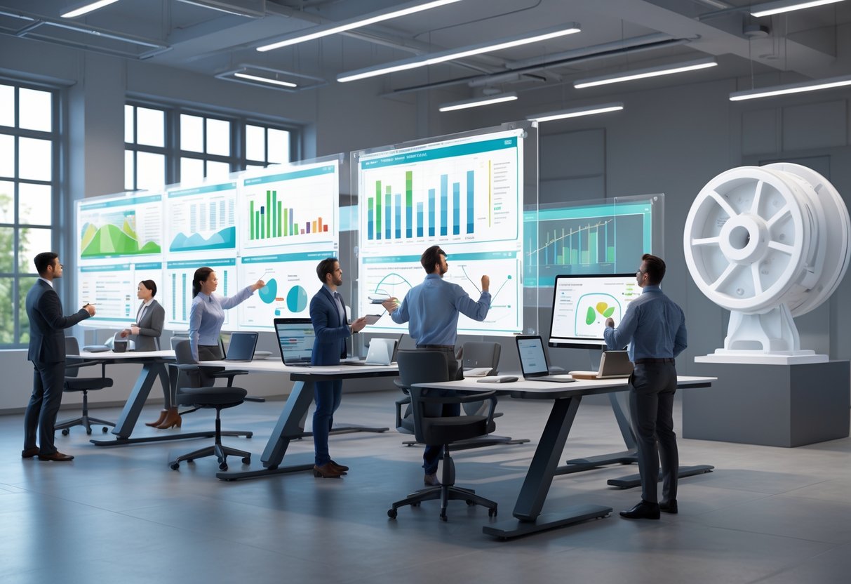An office scene with people analysing data on digital screens and adjustable desks tilted at different angles, demonstrating tilt management strategies in a collaborative work environment.