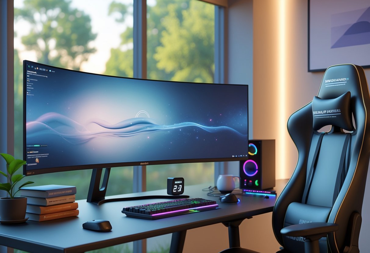 A calm gaming setup with a curved monitor, ergonomic chair, plant, books, and a window showing a peaceful natural landscape.