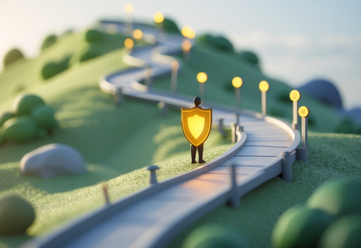 A 3D scene showing a person standing at the bottom of a hill with a glowing shield, looking up a path with milestones and supportive railings symbolising steady progress and protection.