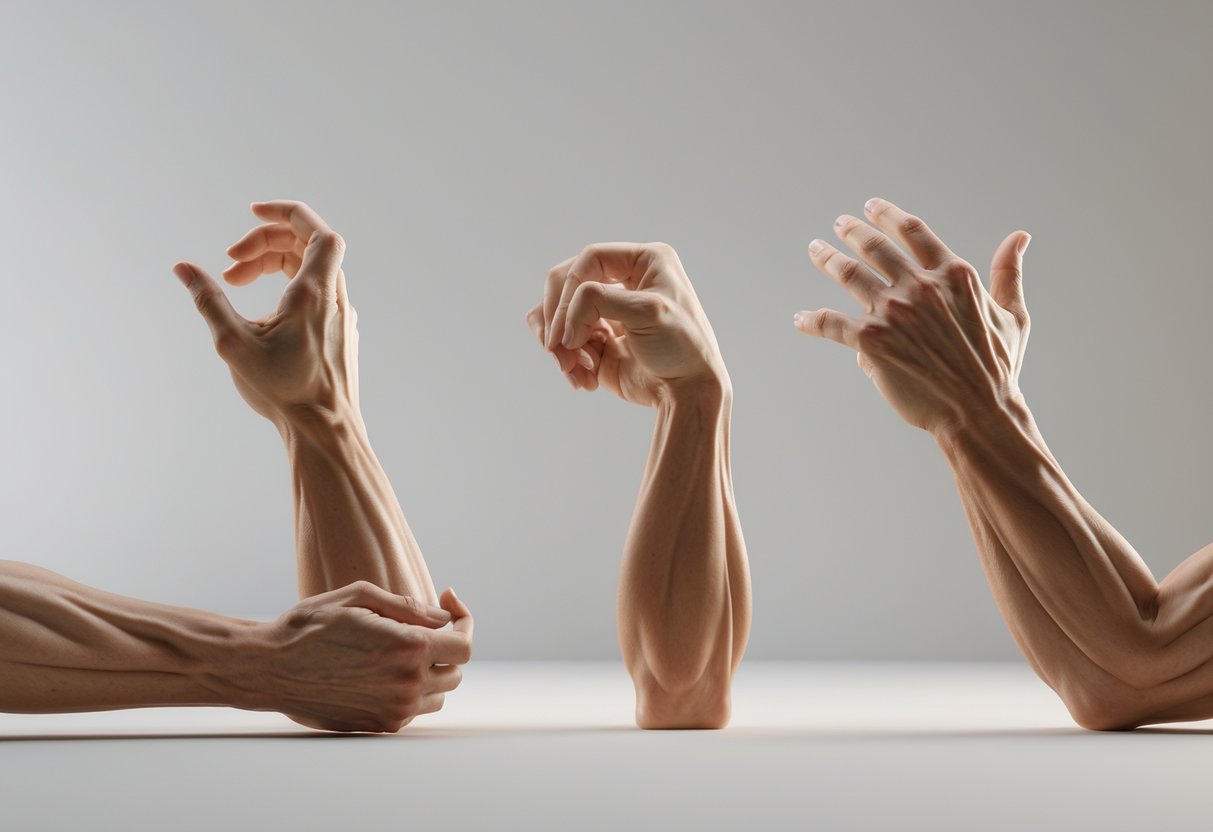 A sequence of human hands and forearms demonstrating different wrist stretching exercises for hand warmup.