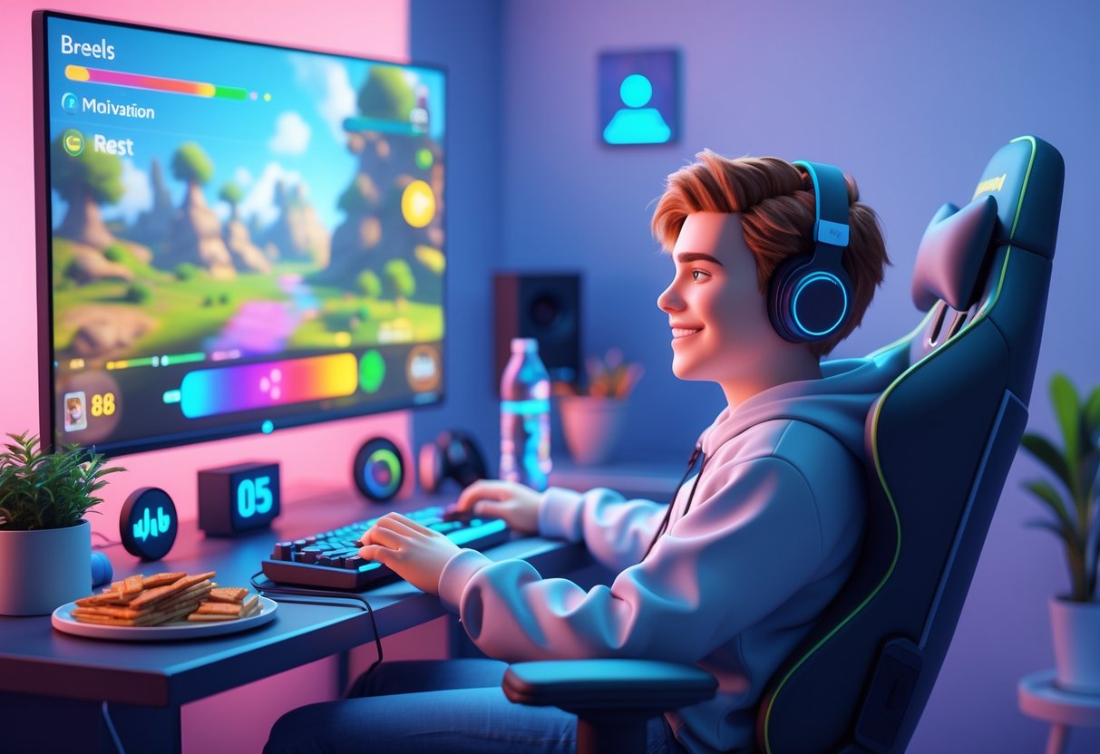 A young person enjoying a video game in a comfortable room with a gaming setup, surrounded by items like a water bottle, snacks, and a plant, showing a balanced and relaxed atmosphere.